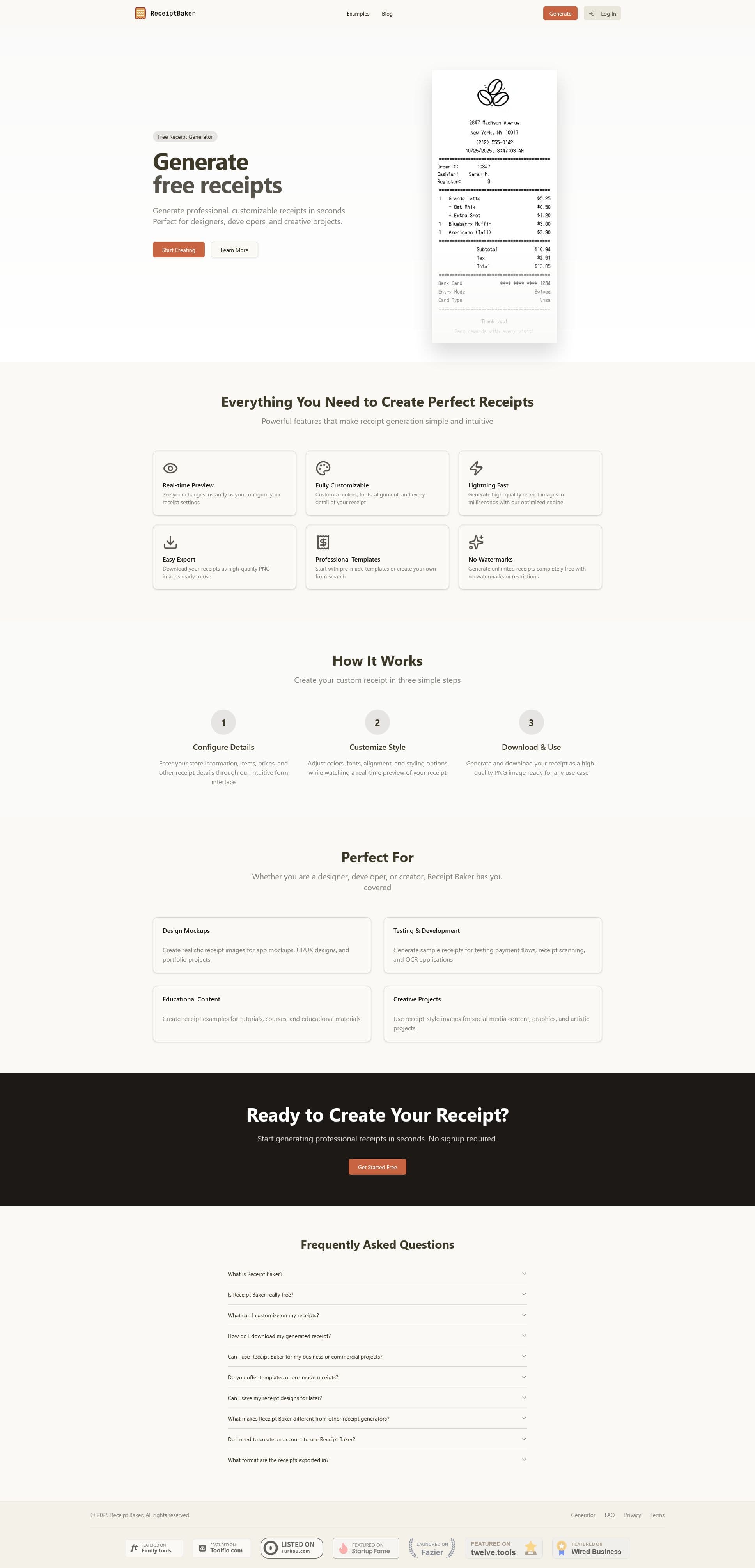 Screenshot of receiptbaker.com