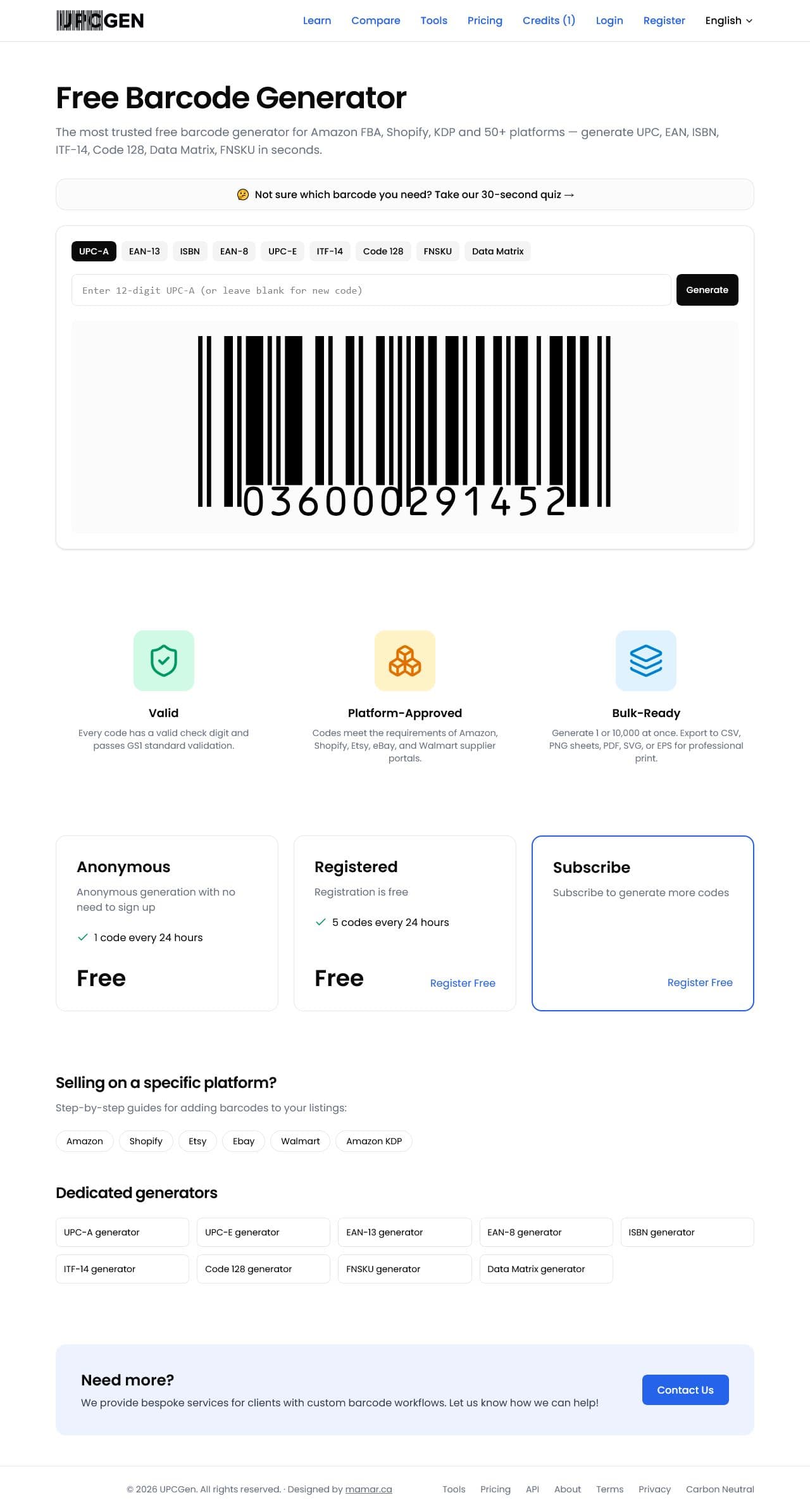 Screenshot of upcgen.com