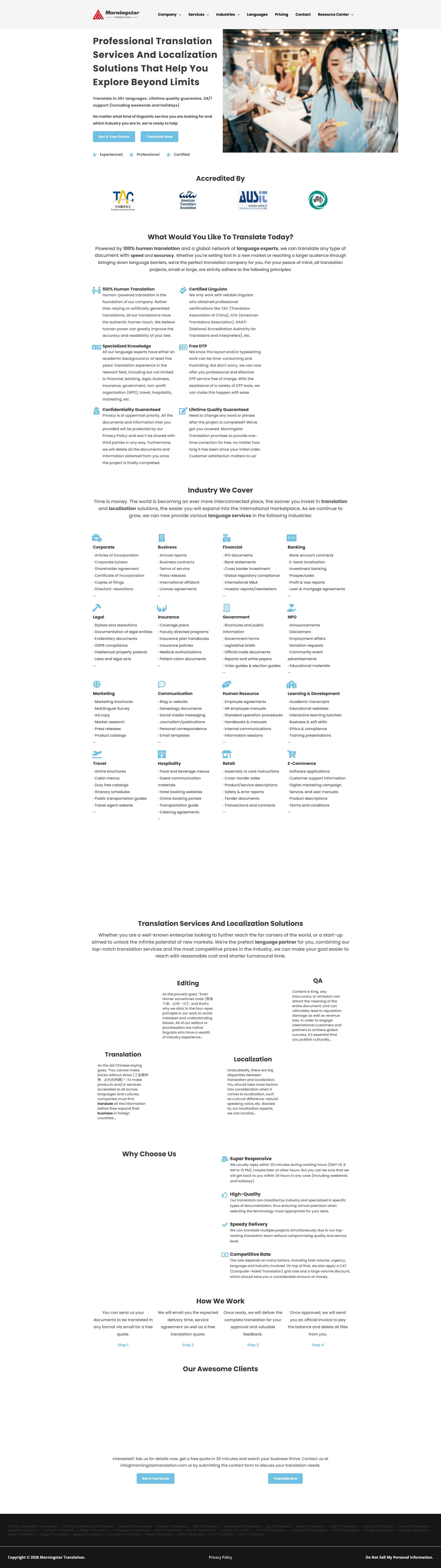 Screenshot of morningstartranslation.com